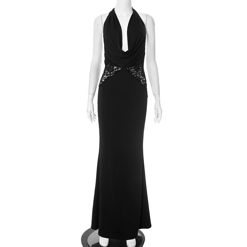 Halter Lace-up Deep V Long Dress