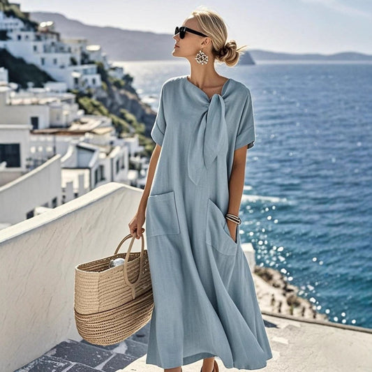 Elegant Short Sleeve Wide Hem Long Dress