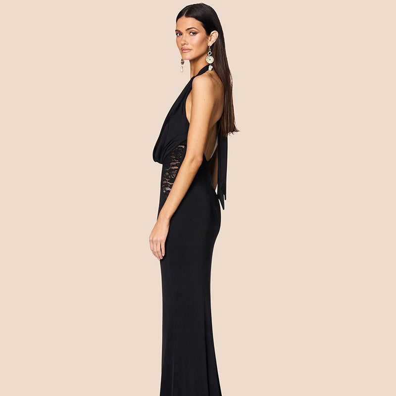 Halter Lace-up Deep V Long Dress